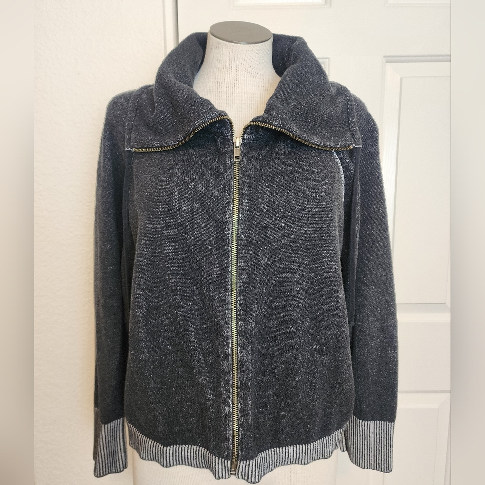 Eileen Fisher Black Organic Cotton Funnel Neck Full Zip Women's Cardigan Size M